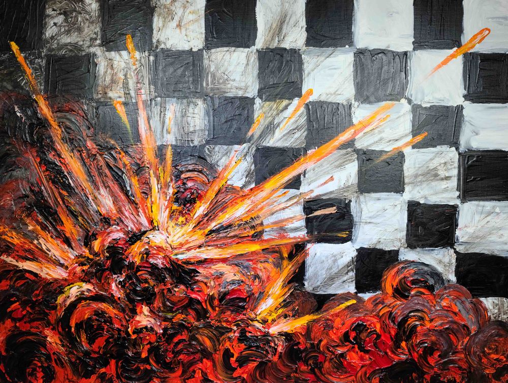 21. Trial by Fire, 2021, Mixed media on canvas, 91 x 116 cm