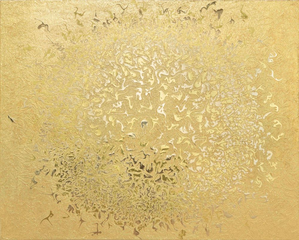 9. Eternity (Gold), 2021, hand-cut mirror PET film, acrylic on canvas, 130 x 162 cm 