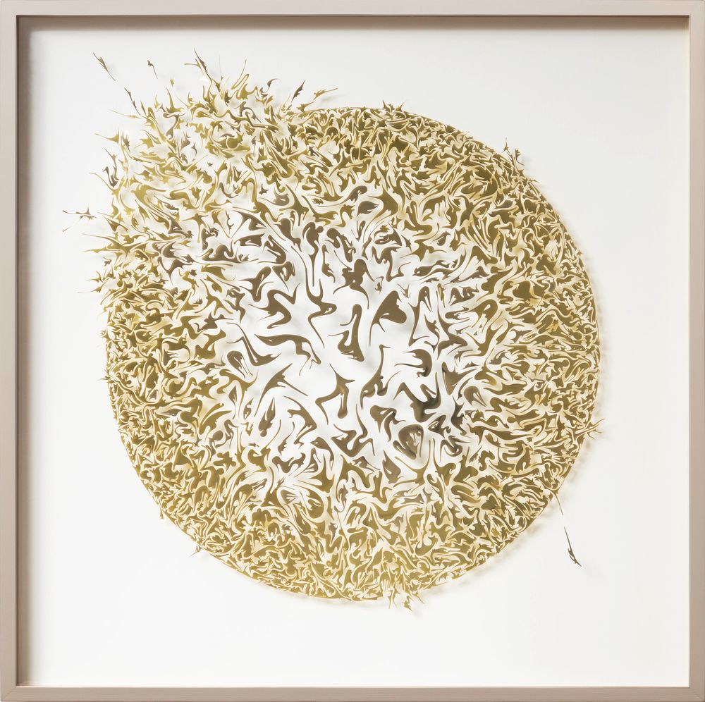 Recollection 2001, 2020, hand-cut mirror PET film on clear acrylic plates, 85 x 85 x 10 cm