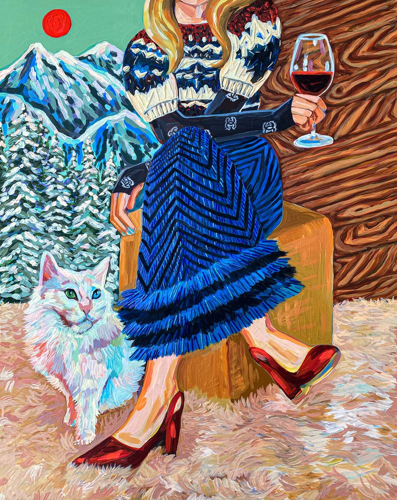 Waiting With Gene, 2022, Acrylic and embroidery on linen, 90.9 x 72.7 cm