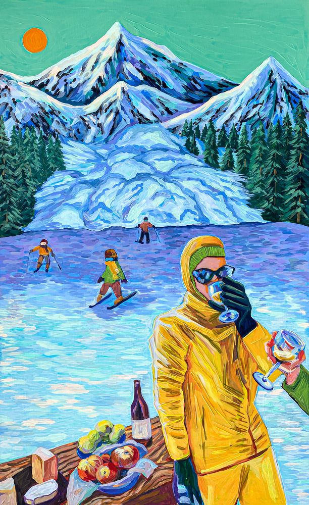 Avalanche on the Bunny Slopes, 2022, Acrylic and embroidery on linen, 130 x 80 cm