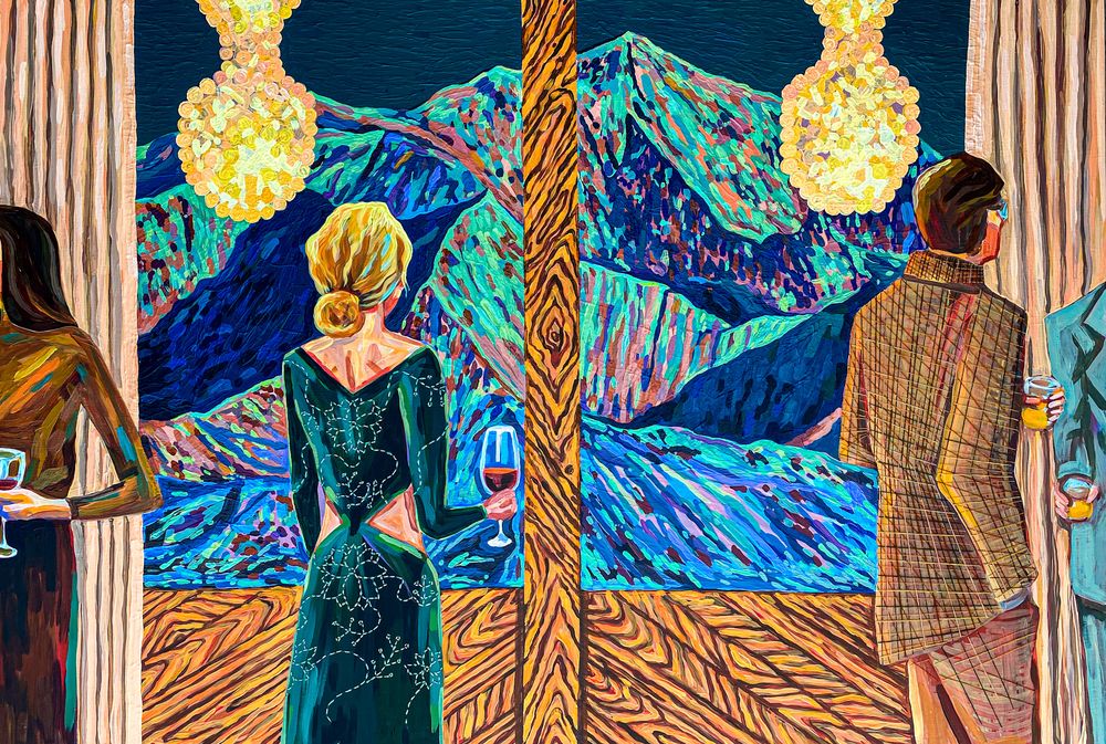 Waiting for the Blizzard, 2022, Acrylic and embroidery on linen, 89 x 130 cm