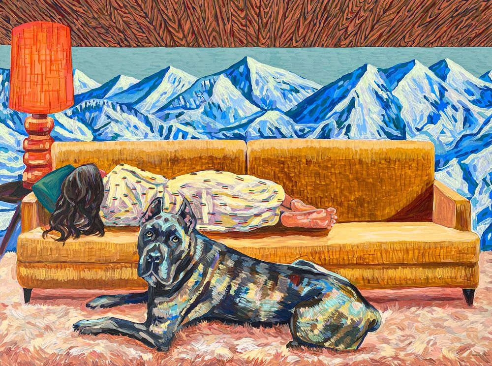 Cane Corso Guarding a Nap, 2022, Acrylic and embroidery on linen, 97 x 130 cm