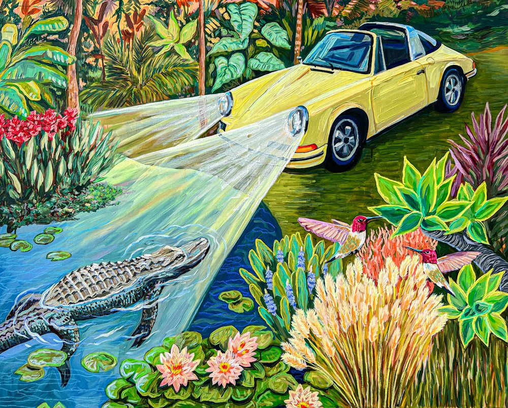 Targa and Alligator, 2023, Acrylic and oil pastel on canvas, 122 x 152 cm  