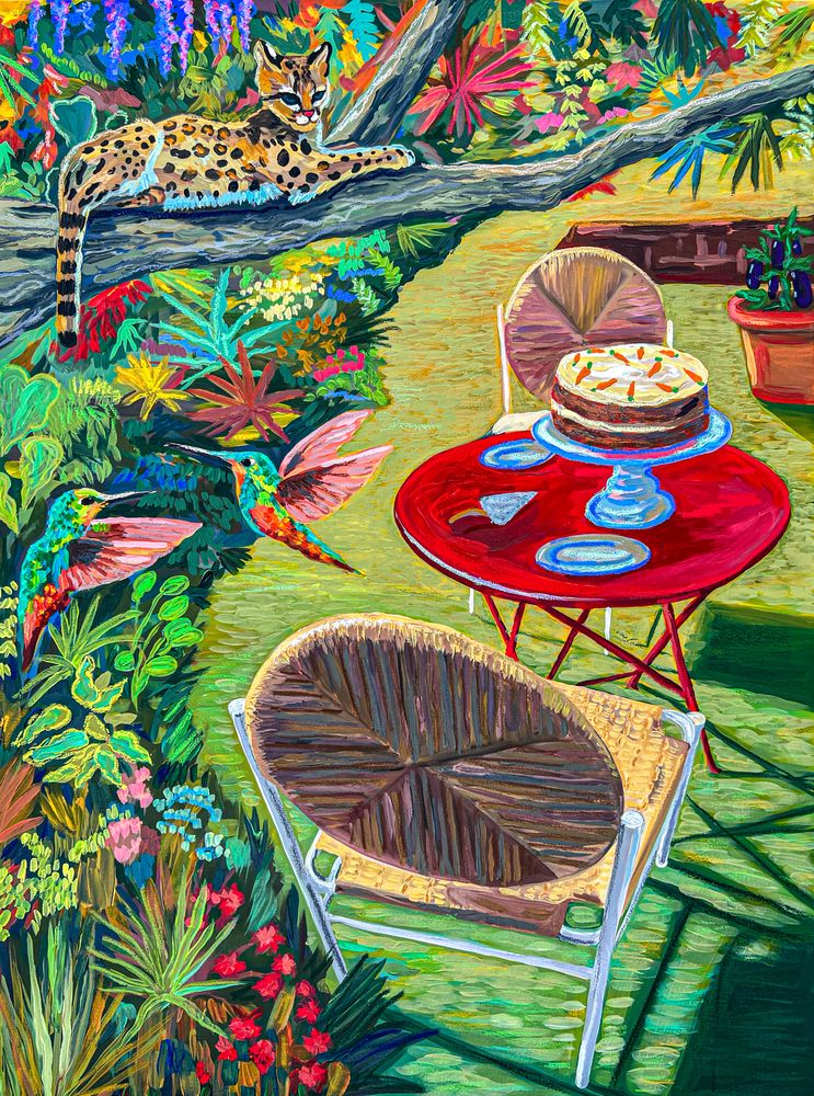 Carrot Cake in the Garden, 2023, Acrylic and oil pastel on canvas, 122 x 91 cm