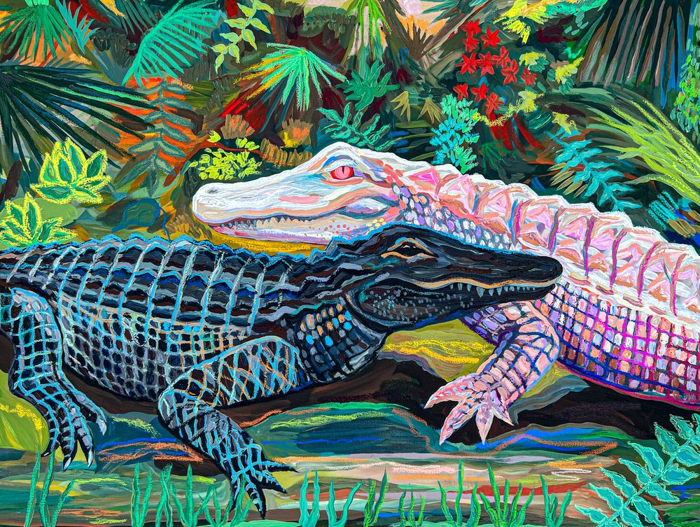 Two Alligators, 2023, Acrylic and oil pastel on canvas, 76.5 x 101.5 cm